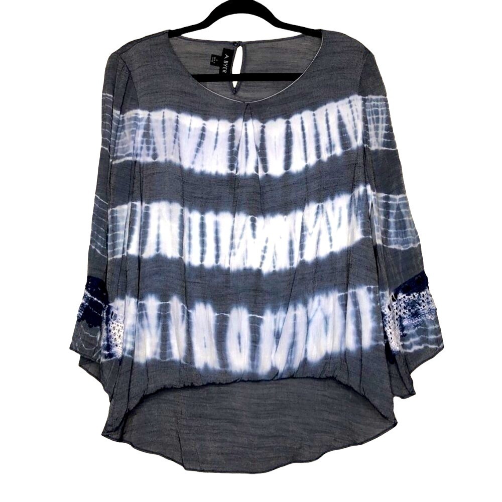 A. BYER - High-Low Navy Blue & White Tie Dye Striped Scoop Neck Top - Size Large